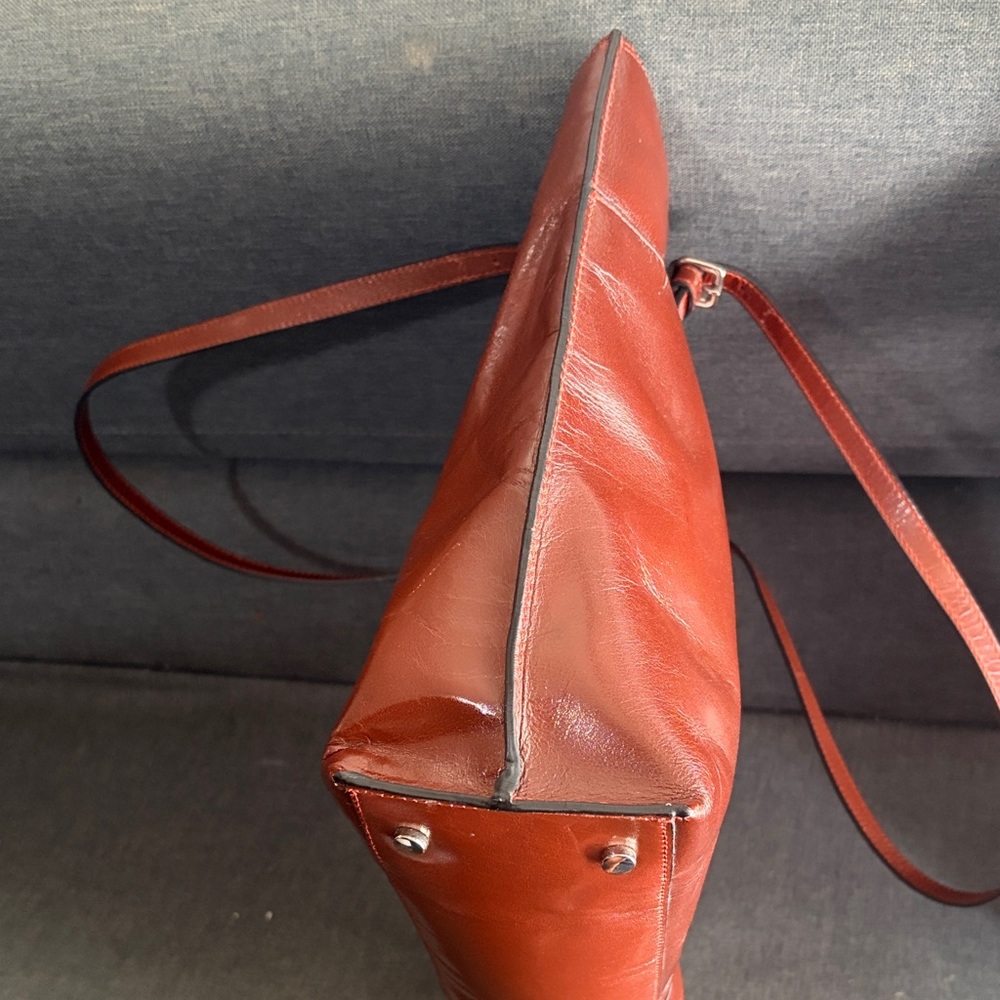 Elegant Brown glossy Leather zipper shoulder Tote Bag 11x 15x 3.5 - Picture 3 of 16